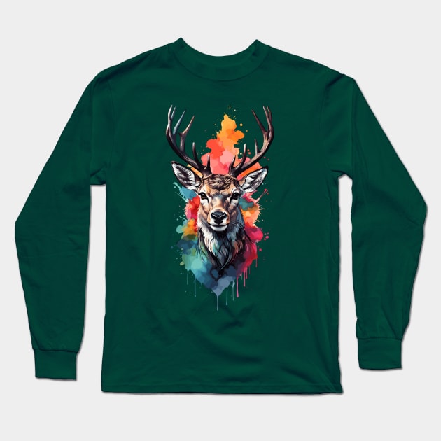 Colorful Watercolor White-Tailed Buck Deer Portrait Design Long Sleeve T-Shirt by TF Brands